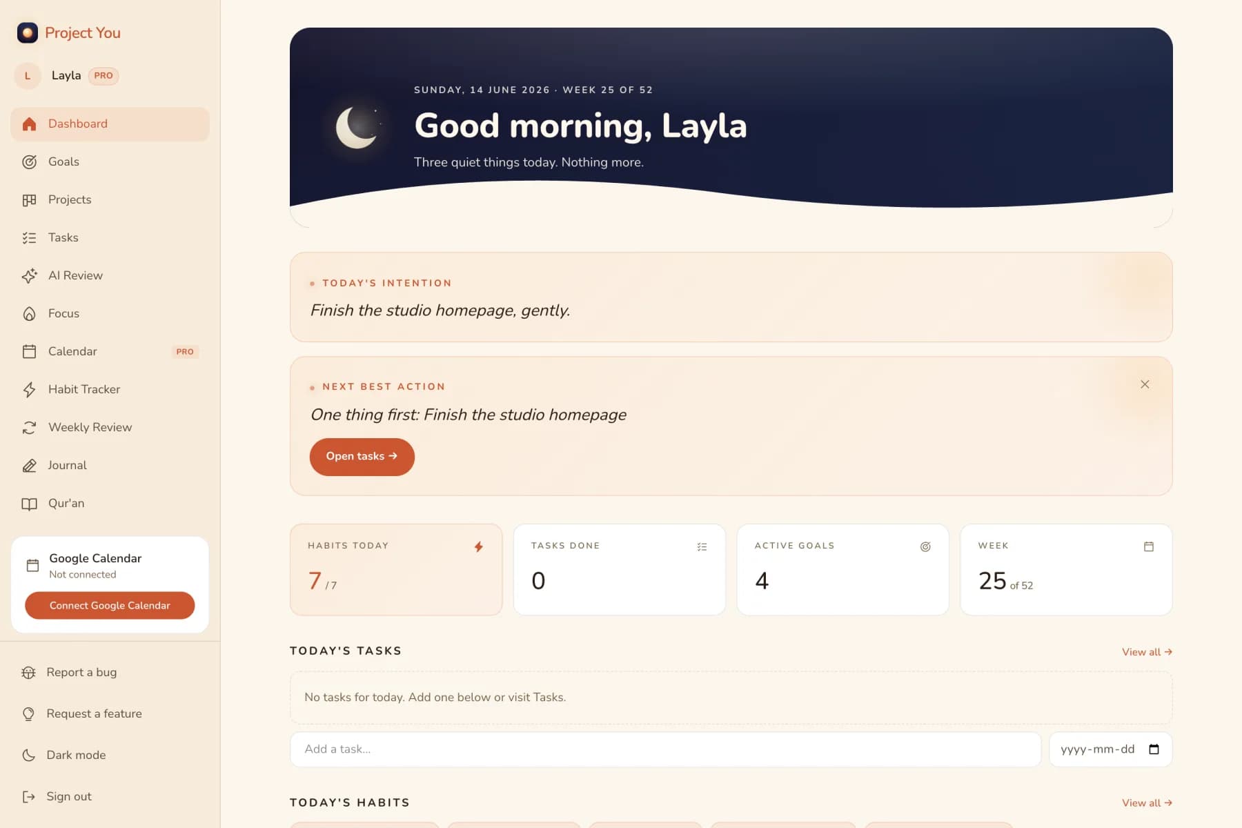Project You — a calm life dashboard built by Itqan Studio